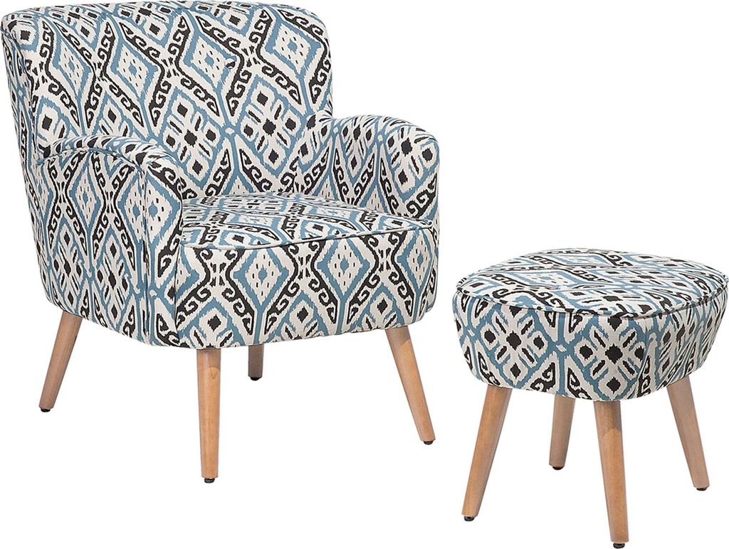 A chair and ottoman with an oriental pattern on a white background.