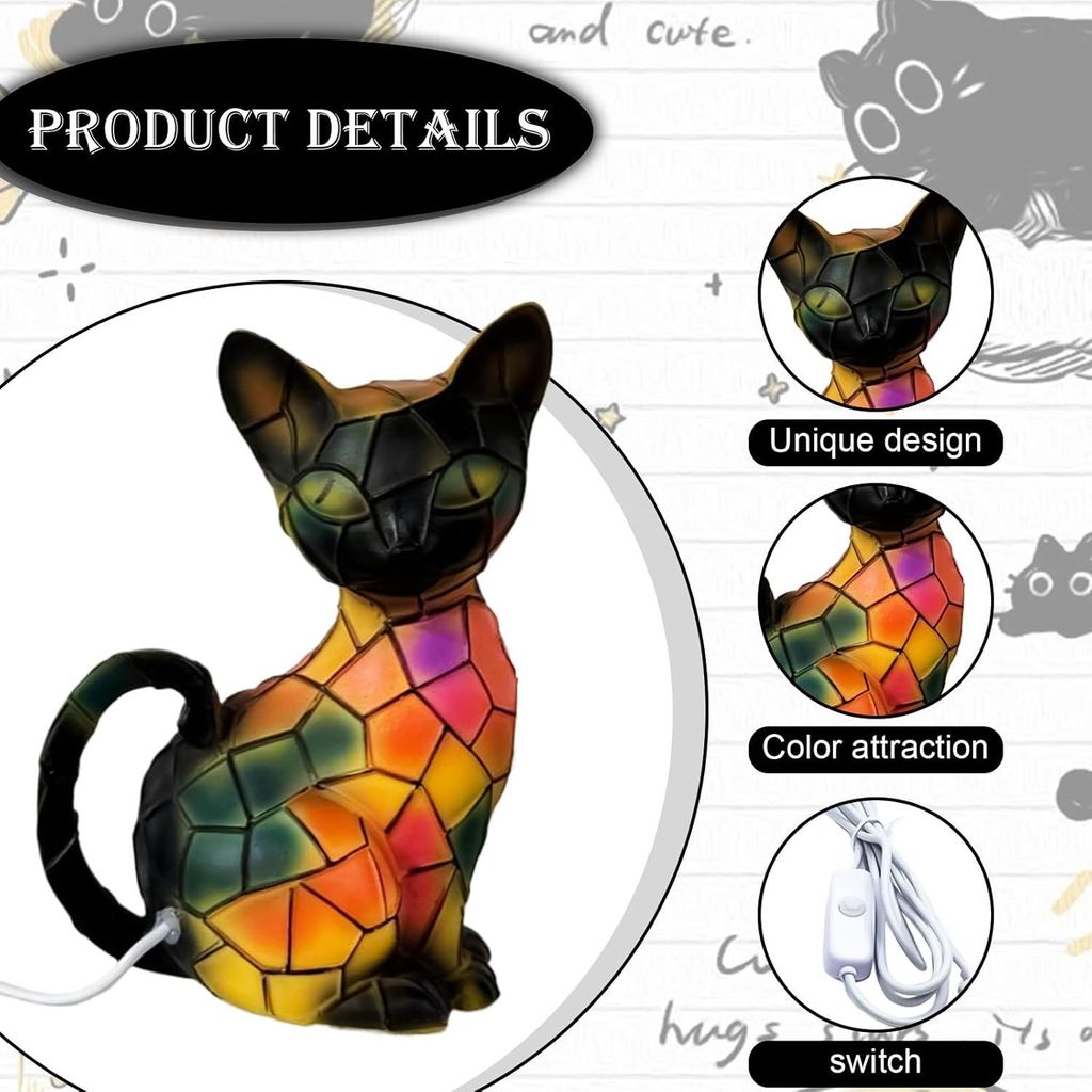 Cat Lamp, Night Light, Cat and Dog, Retro Cat and Dog Stained Resin Table Lamp, Vintage Cat Lamp Made of Stained Glass, Home Decor for Bedroom Ligh...
