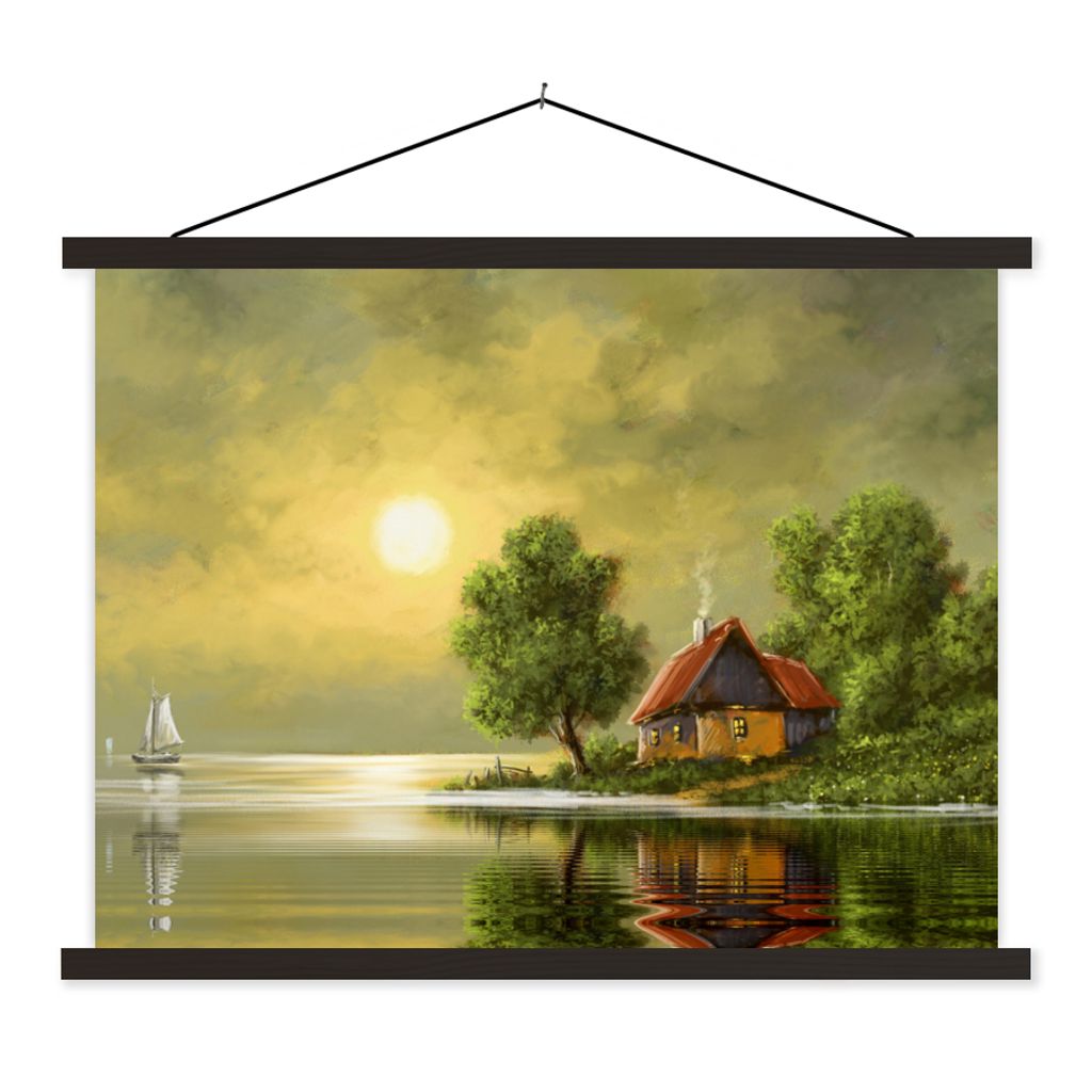 MuchoWow Textilposter Gemälde - Ölfarbe - Haus - Natur - Wasser 120x90 cm mit schwarzem Rahmen - Aufhänger für Poster