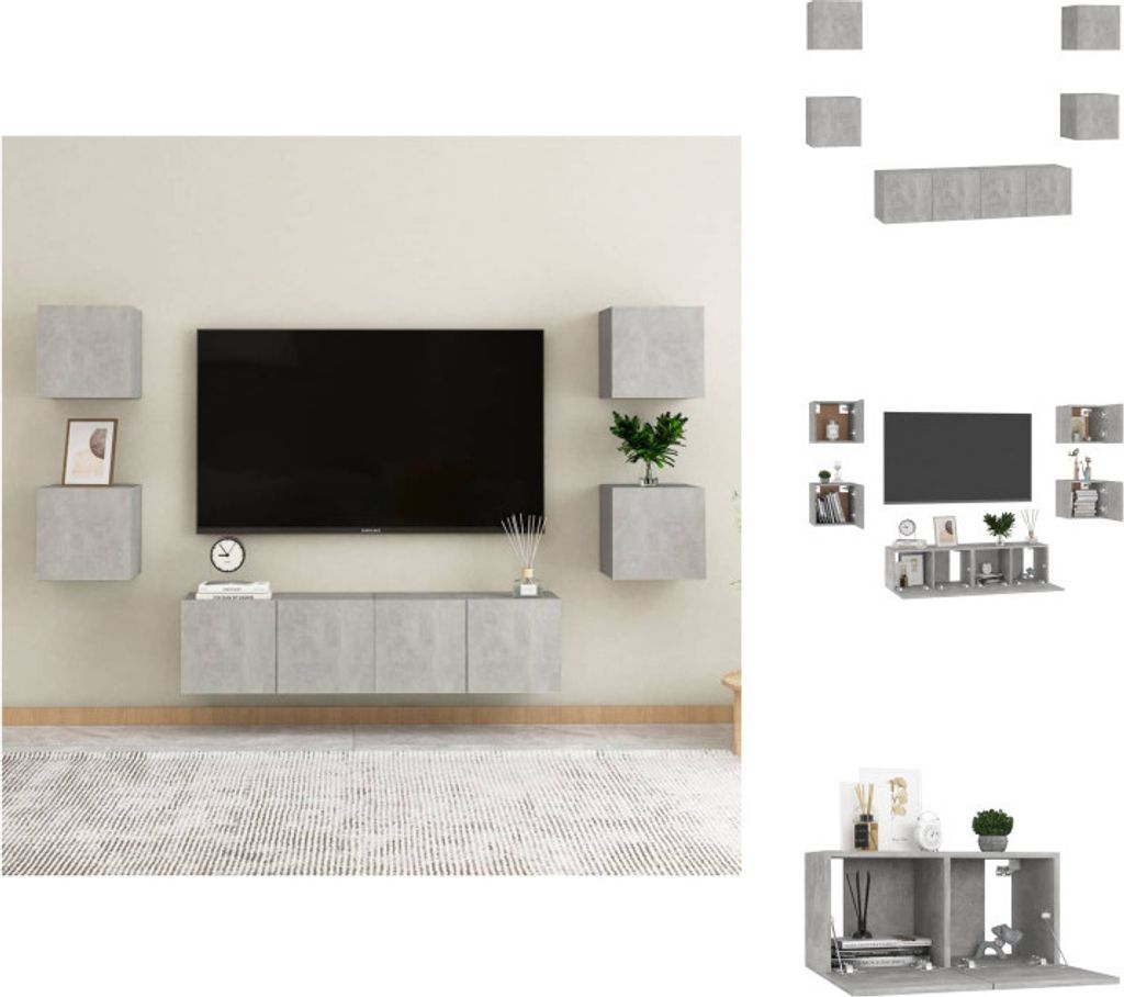 vidaXL 6-tlg. TV-Schrank-Set Betongrau Holzwerkstoff - TV-Möbel