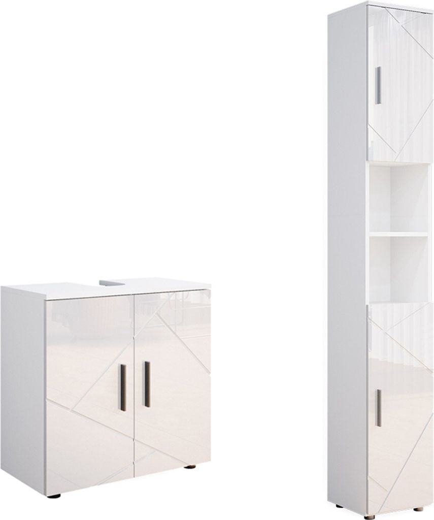 Badmöbel-Set Vicco Irma Weiß Hochglanz 2 Teile, mit Hochschrank, Model 55201
