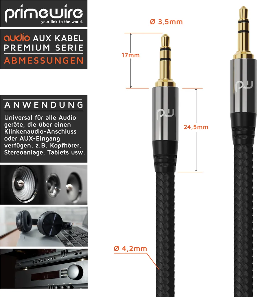 Cavo Audio Primewire 1.5m Nylon - Jack 3.5mm Universale per Auto e PC - 2