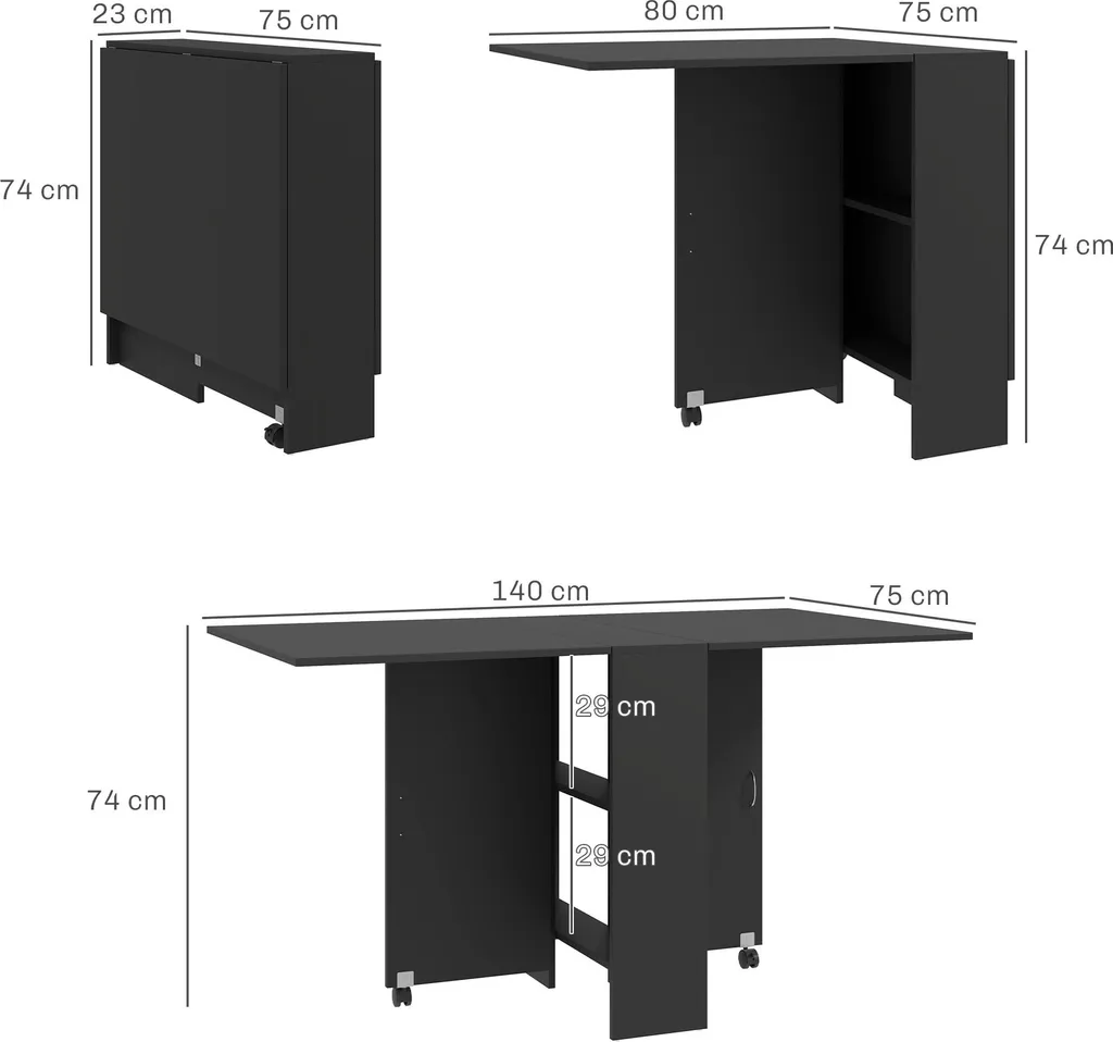 Table pliable à roulettes 140cm noire avec 2 étagères de rangement - 13