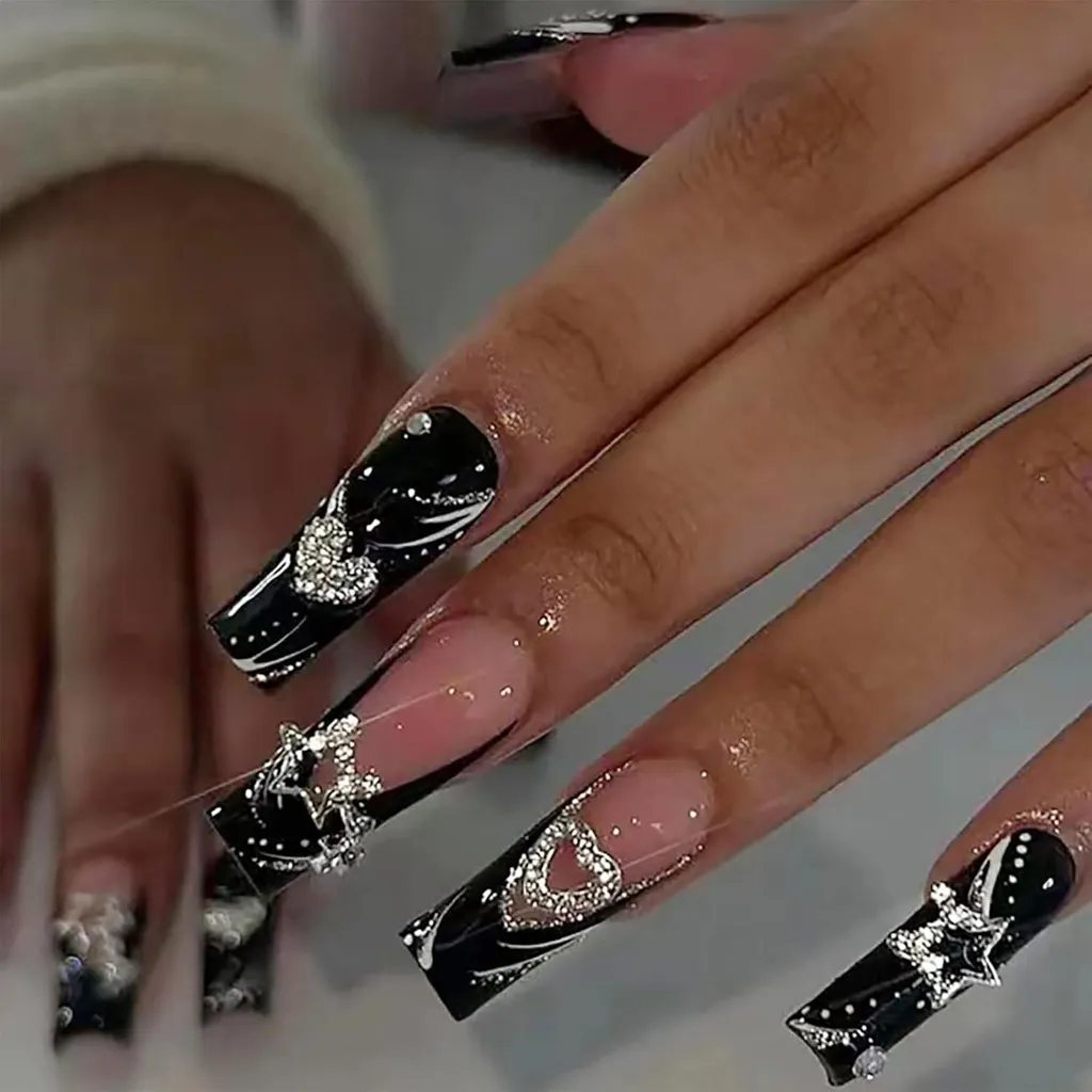 Faux Ongles pour Mariage et Fêtes Carrés Brillants avec Accessoires