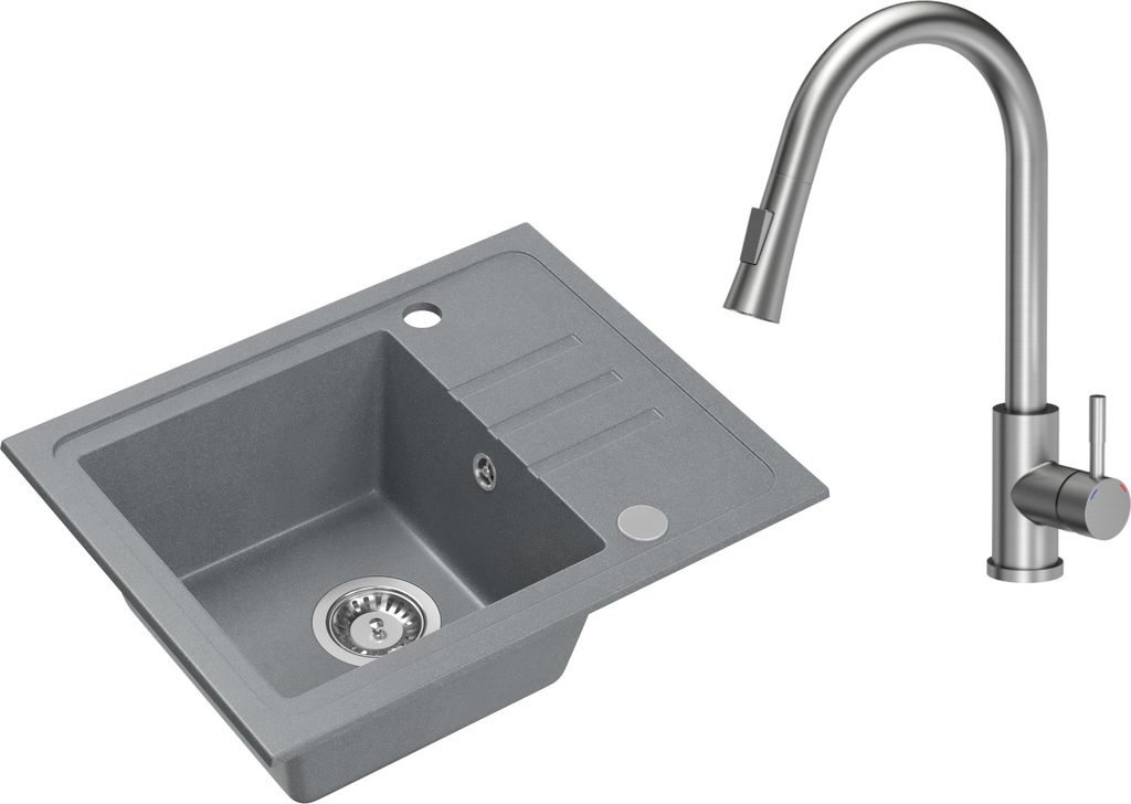 VBChome Spülbecken Granit Grau mit Armatur 55 x 44 cm Einzelbecken Einbauspüle Gesprenkelt Reversibel Granitspüle Siphon Waschbecken Armatur Inox