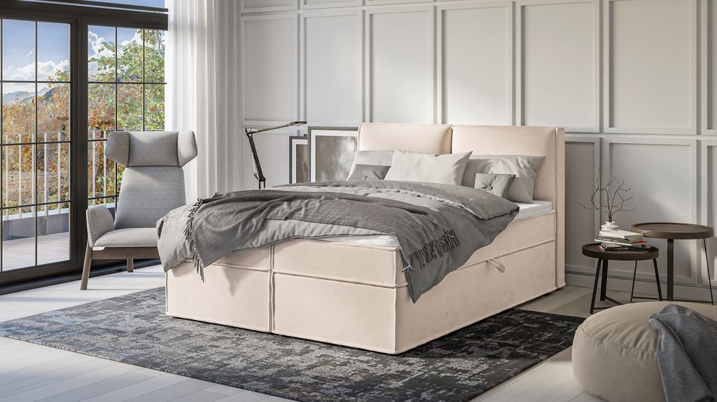S-STYLE MÖBEL - Vortex - Modernes Boxspringbett 160x200 mit Topper und Bettkästen aus Beige Luxusmicrofaser, B/T/H: 160 cm / 218 cm / 103 cm