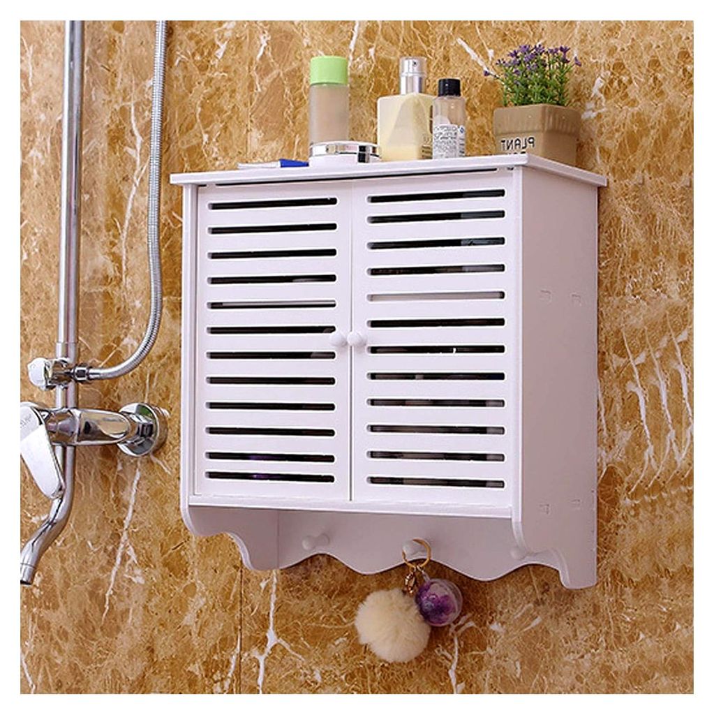 Hängeschränke für das Bad, 2-stufiges Badezimmer Wandregal zur Aufbewahrung von Kosmetik, Wandschränke mit Türen und 3 Haken, Weiß