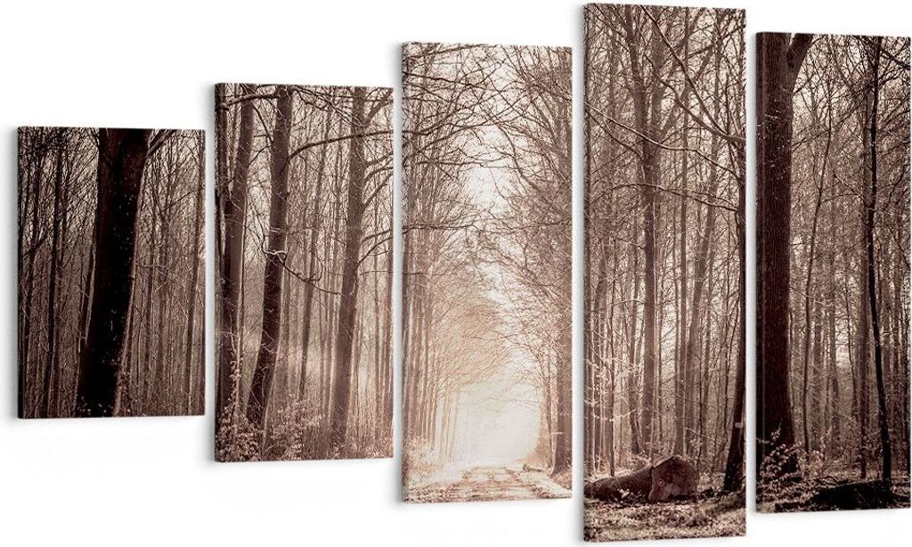Bild auf Leinwand - Leinwandbild - Wald Straße Baum - 100x60cm - Wand Bild - Wanddeko - Wandbilder - Leinwanddruck - Bilder - Kunstdruck - Wanddek...