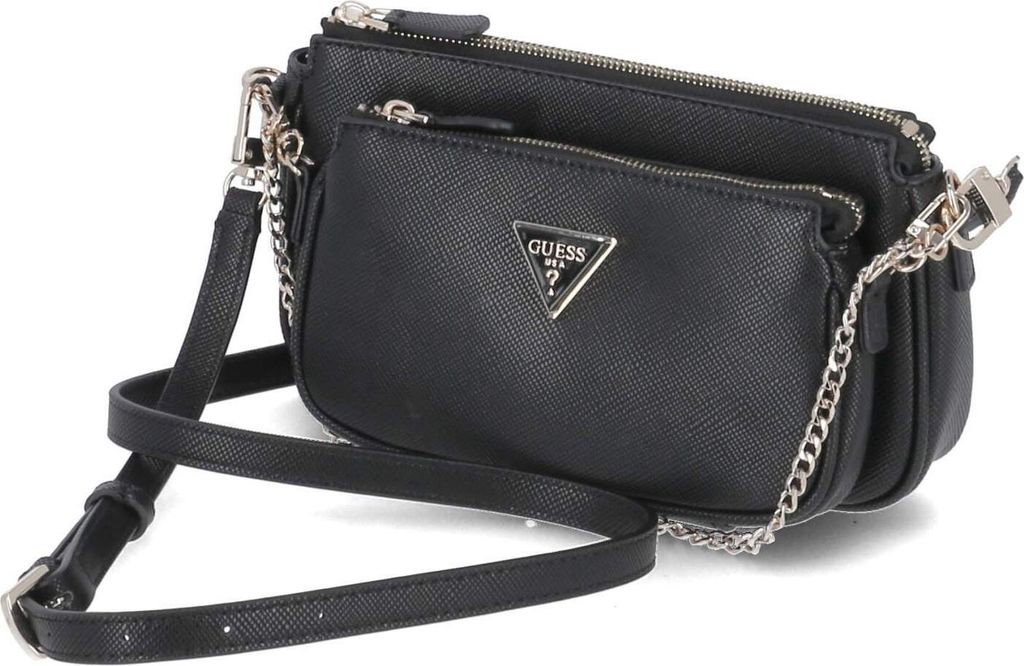 A black Guess handbag with a silver logo is shown against a white background.