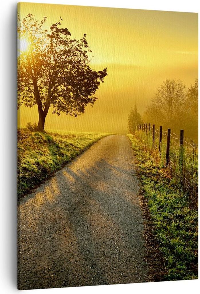 Bild auf Leinwand - Leinwandbild - Einteilig - Feld Straße Baum - 50x70cm - Wand Bild - Wanddeko - Wandbilder - Leinwanddruck - Kunstdruck - Wandd...