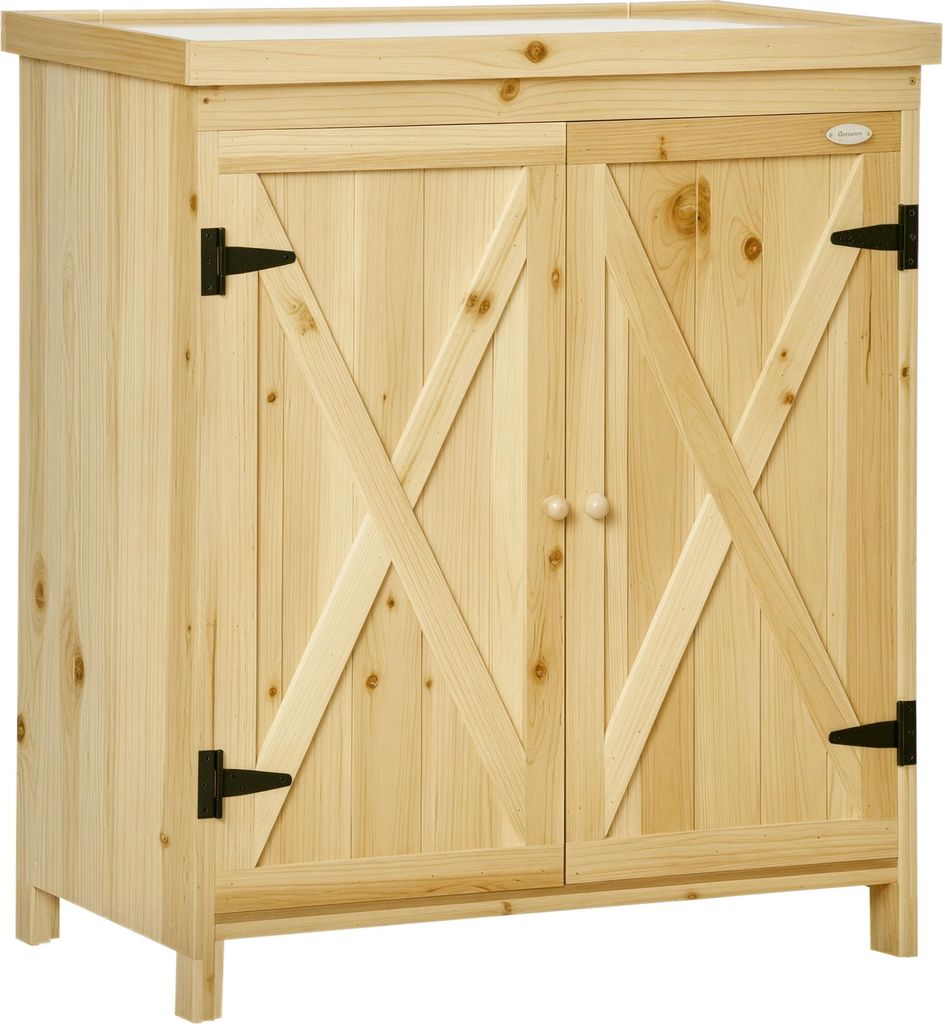 Outsunny Gartenschrank, Aufbewahrungsschrank für den Garten, mit verzinkter Metallplatte, Doppeltür mit Griff, erhöhten Füßen aus Massivholz, ...