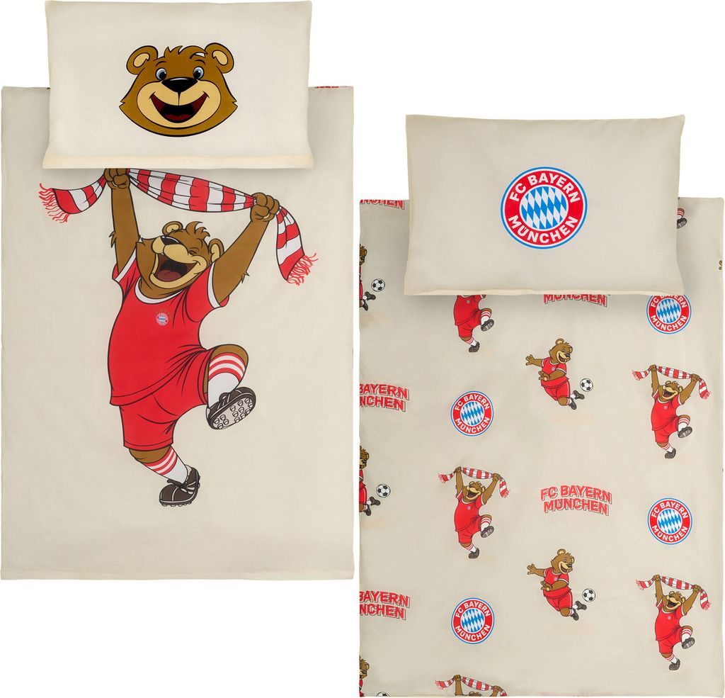 A split image showing two views of FC Bayern München themed bedding sets for babies or toddlers. The left side features a large illustration of a bear mascot holding a scarf, with a matching pillowcase. The right side shows a smaller, repeating pattern of 