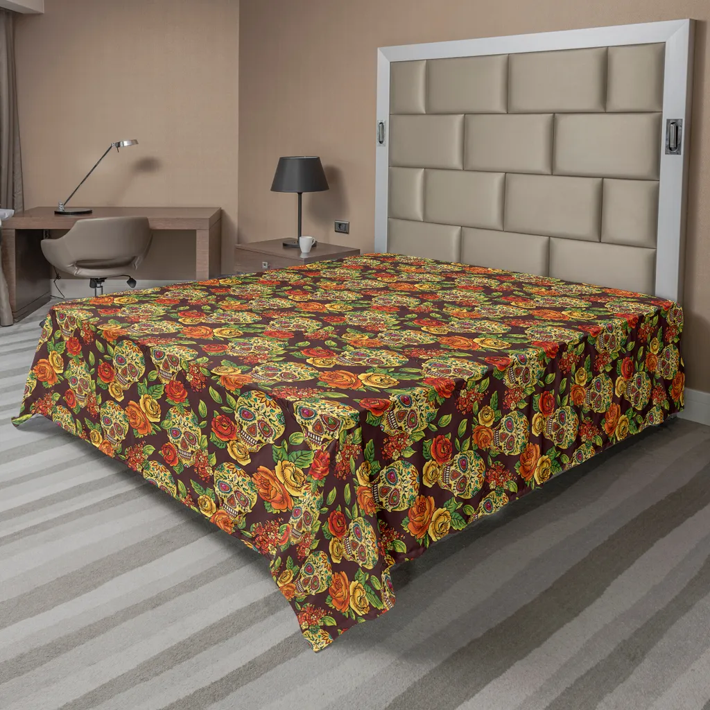 ABAKUHAUS Drap de Lit Sugar Skull Automne 266 x 260 cm Vert et Jaune