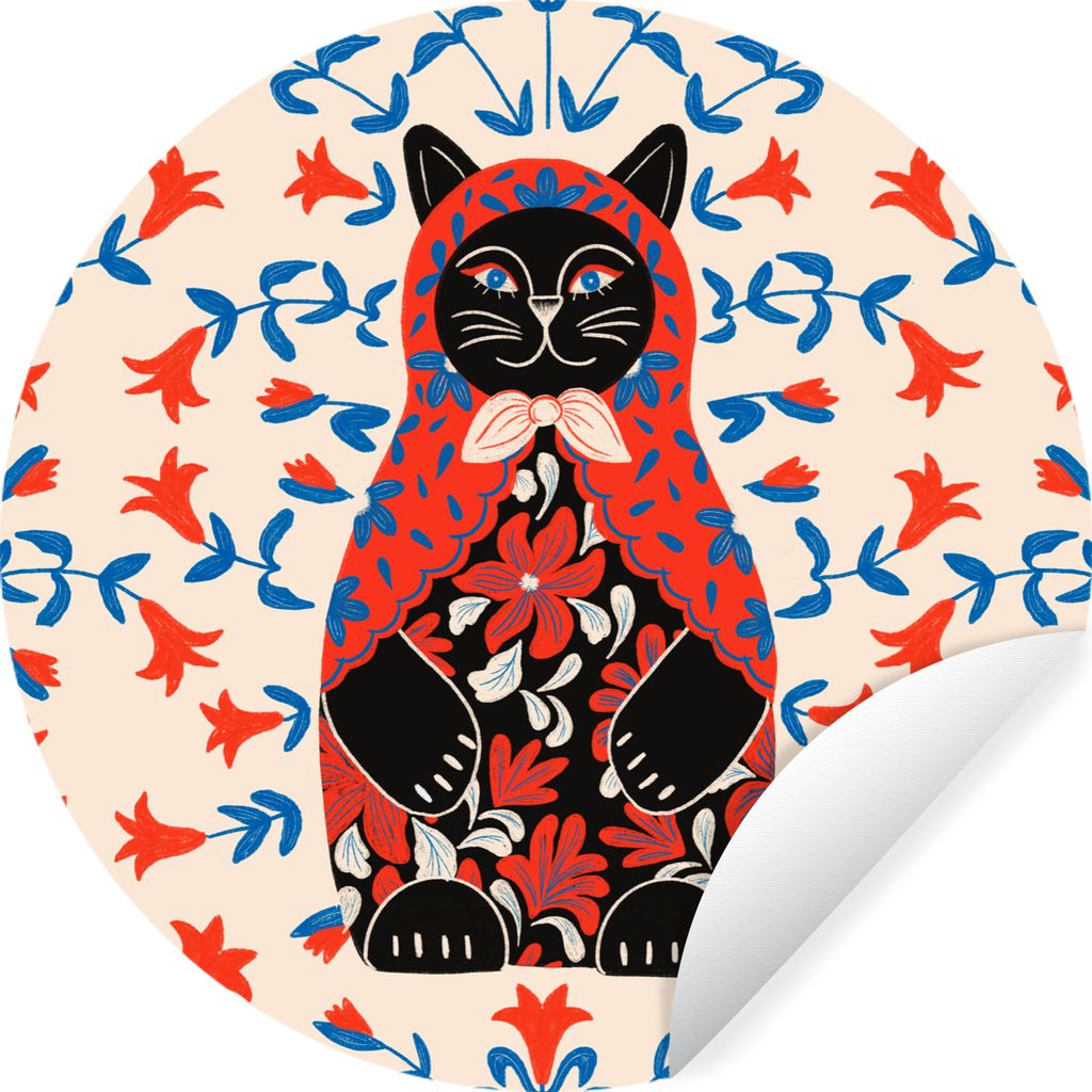 MuchoWow Runde Wandtattoo - Wandsticker Tapete Aufkleber Matrjoschka - Blumen - Katze Ø 50 cm Selbstklebend und Repositionierbar - Wandaufkleber...