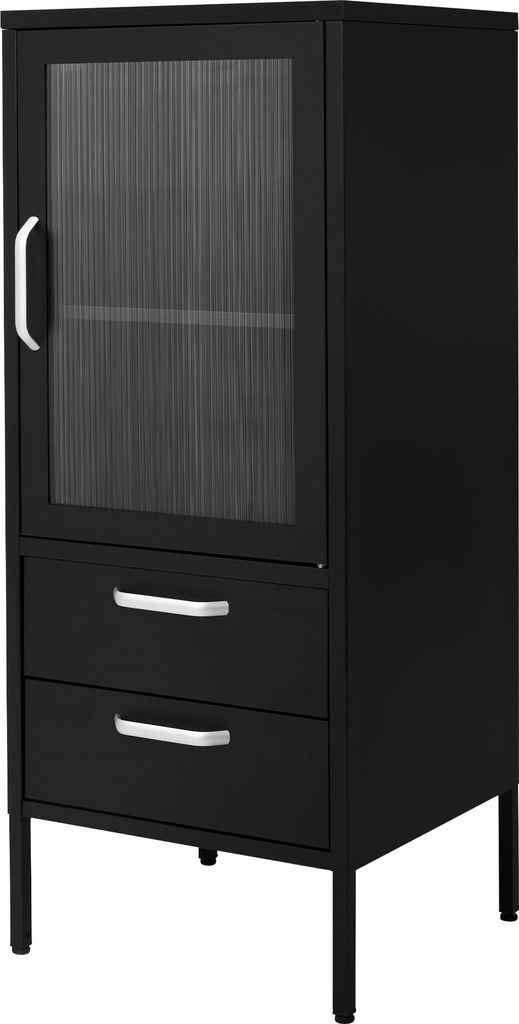 ML-Design Vitrinenschrank Schwarz, Vitrine mit 2 Ablage-/Regalfächer, 1 Tür & 2 Schubladen, Wohnzimmer Metallschrank aus Stahl