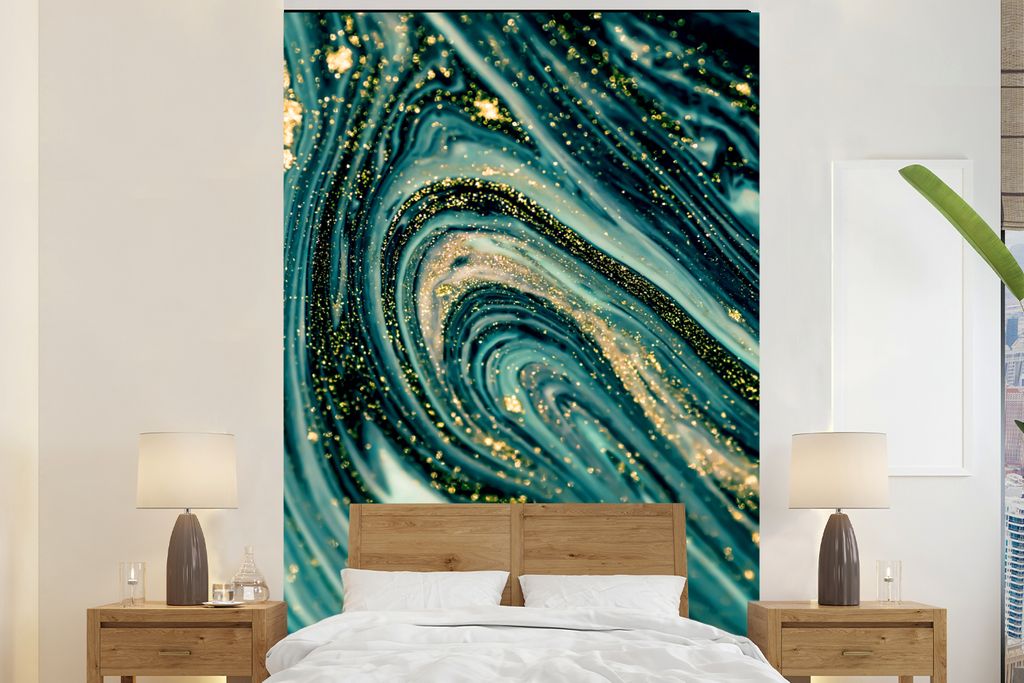 MuchoWow Fototapete für Wohnzimmer oder Schlafzimmer Wandtapete Vinyl Motivtapete Marmoroptik - Luxus - Gold - Türkis - Glitzer - 170x260 cm - ...