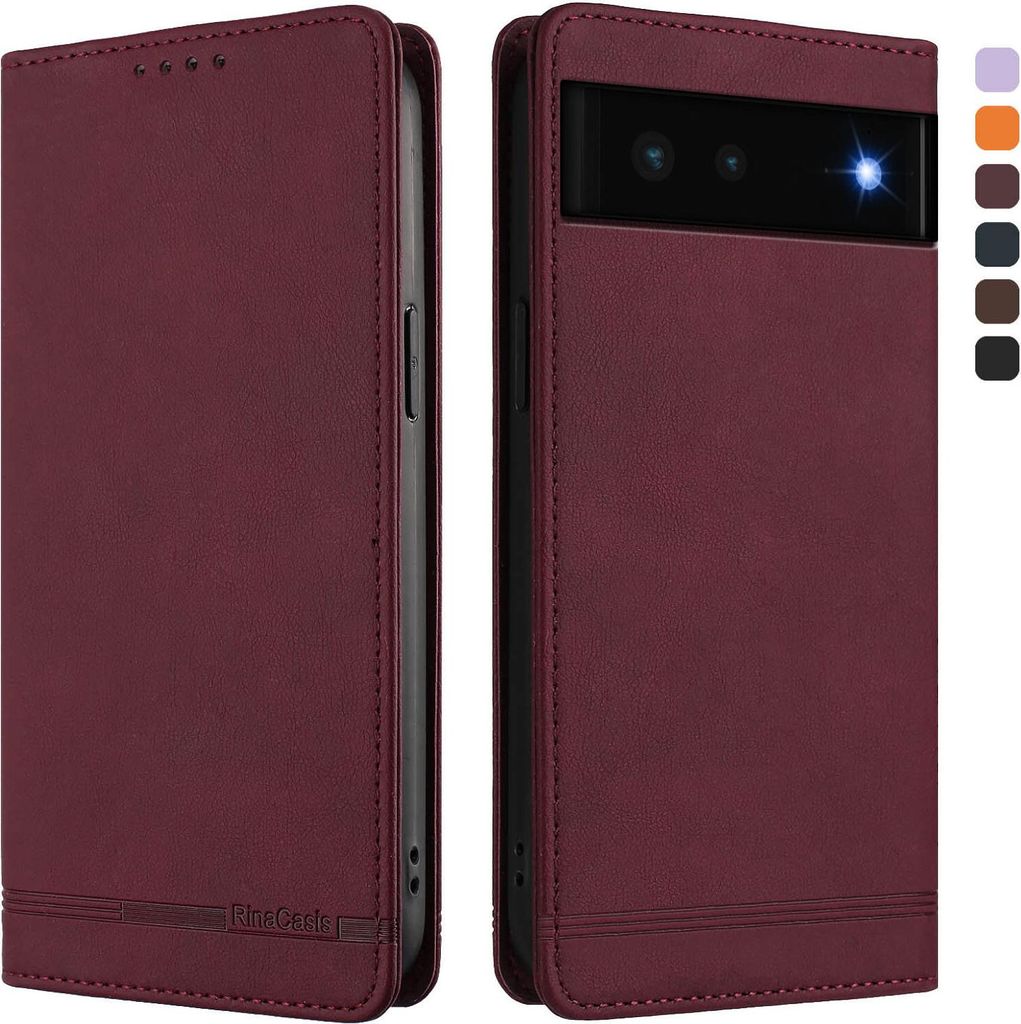 Hülle für Google Pixel 6, Retro Kunstleder Ständer Klapphülle mit Kartenfächer und Magnetische Rot