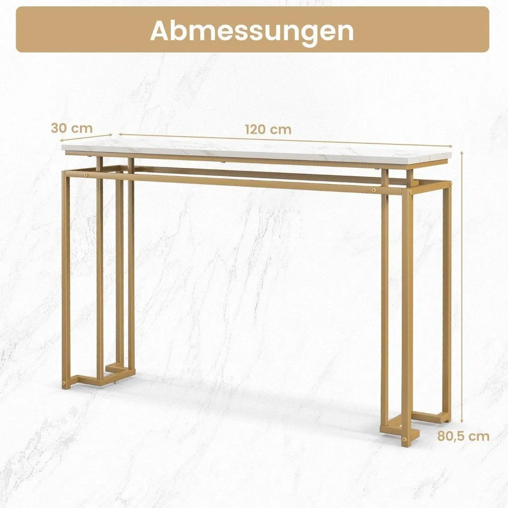 Table console 120 cm plateau faux marbre et structure dorée géométrique