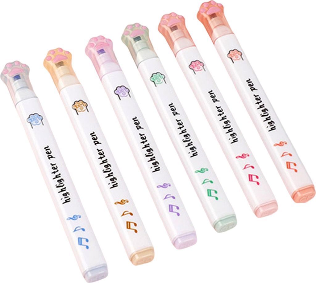 6pcs Highlighter Stifte Katze Paw Augenpflege Schräg Nib Schnelltusche Tinte bequeme Griffmarkierung glattes Schreiben Sa-Weiß