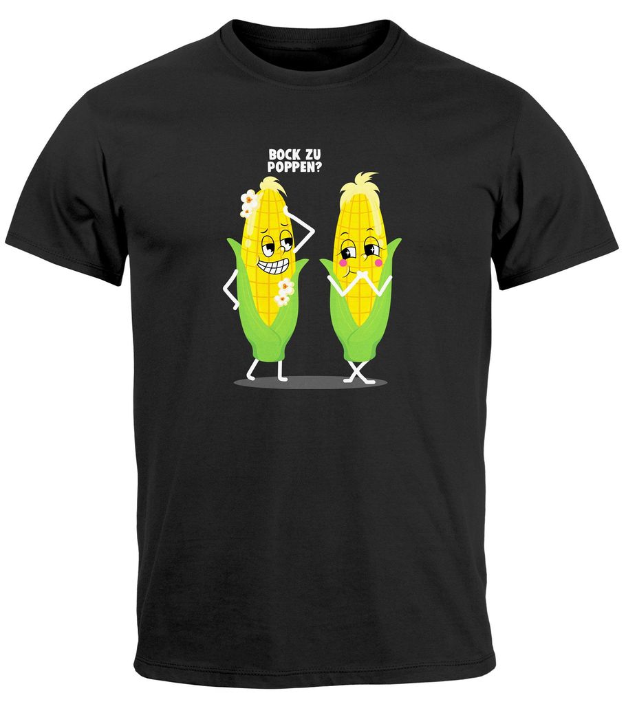 Herren T-Shirt mit Spruch Bock zu Poppen Masikolben Popcorn Motiv Fun-Shirt Moonworks schwarz XS