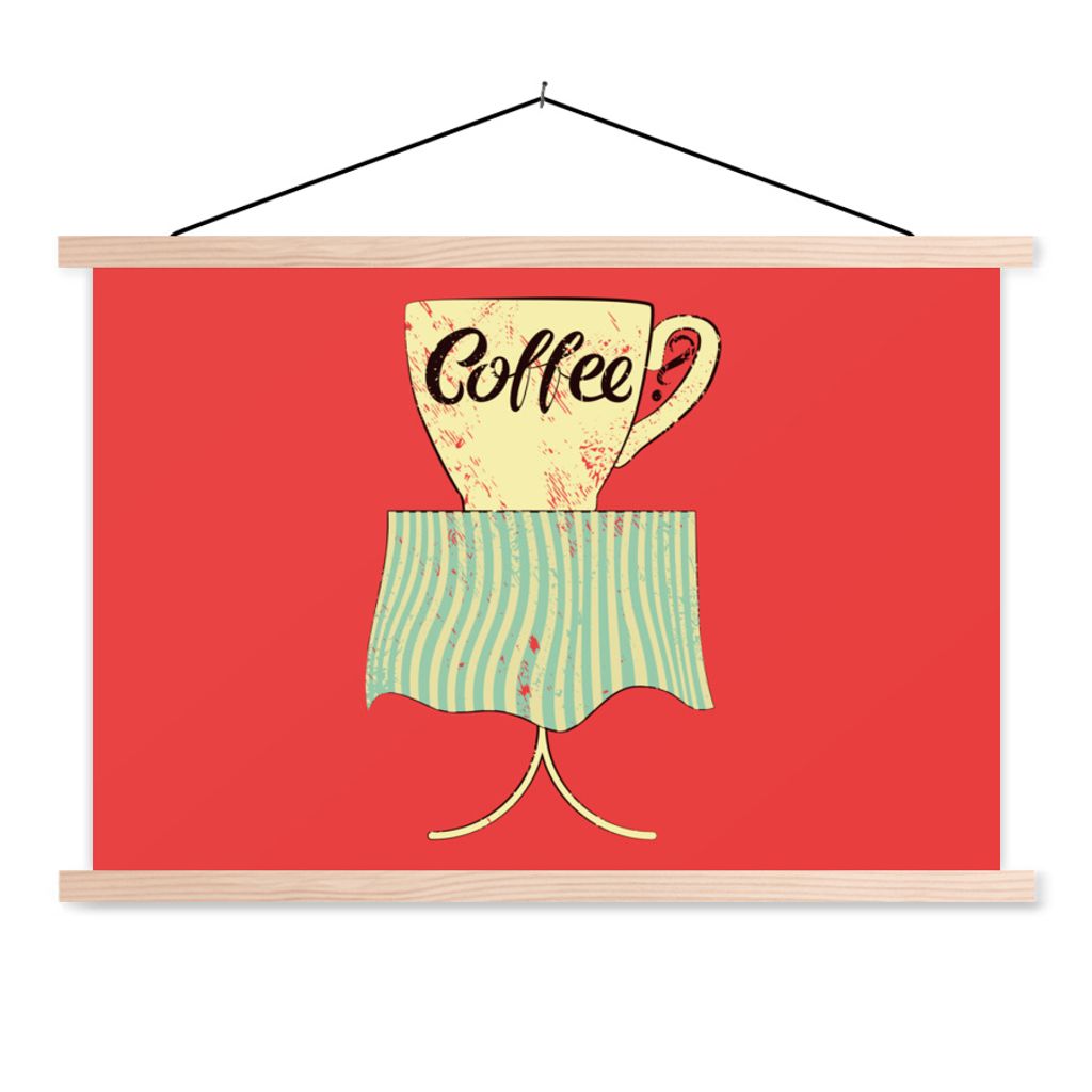 MuchoWow Textilposter Kaffee? - Sprichwörter - Kaffeetasse - Vintage - Zitate 120x80 cm mit holzfarbenen Rahmen - Aufhängeset