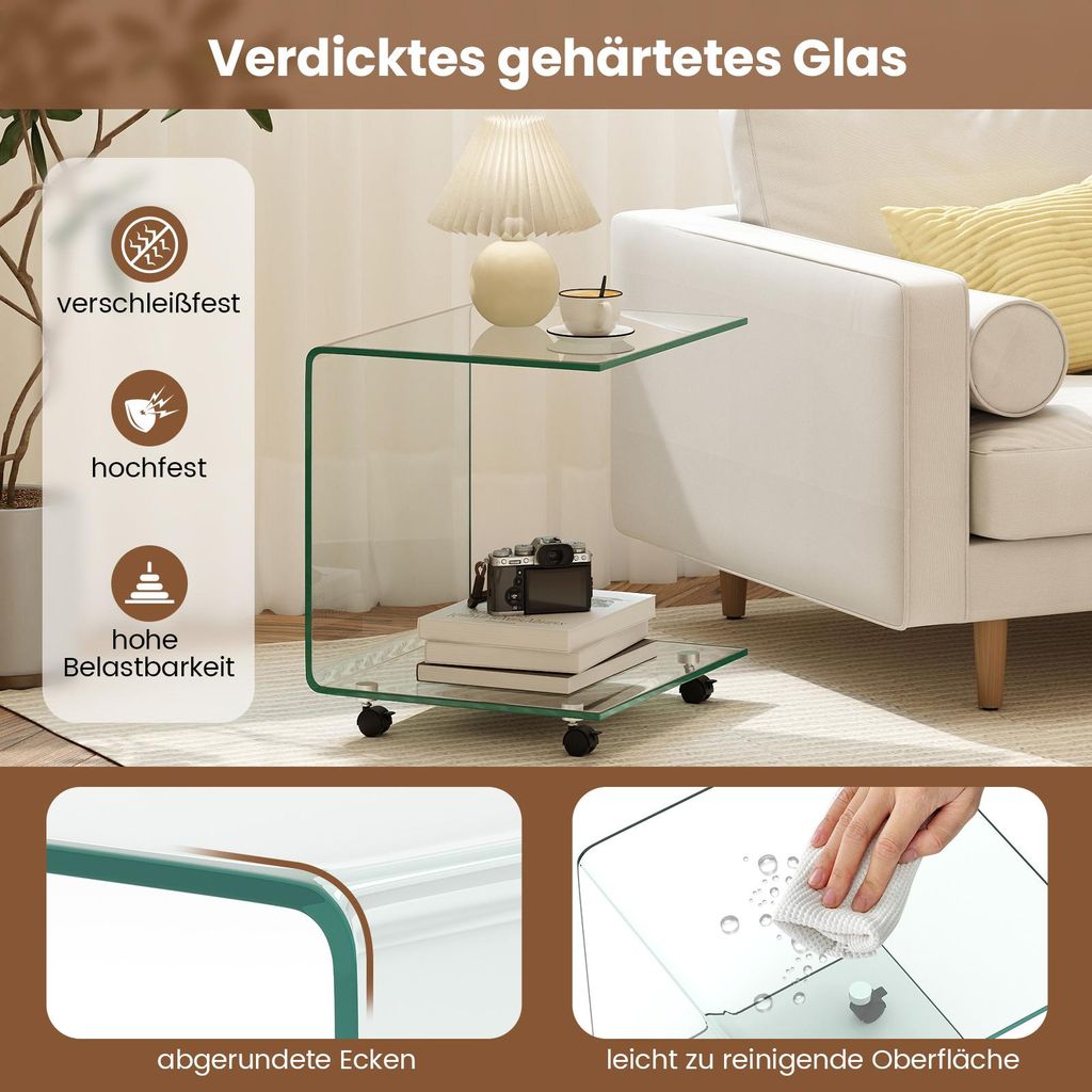 COSTWAY Beistelltisch aus Glas mit Rollen, Glastisch