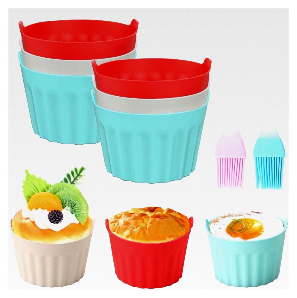 6 Silikon Muffinförmchen für die Heißluftfritteuse 9x5,5 cm wiederverwendbare Backformen, BPA-frei mit 2 Silikonölpinseln für Kuchen, Eincreme...