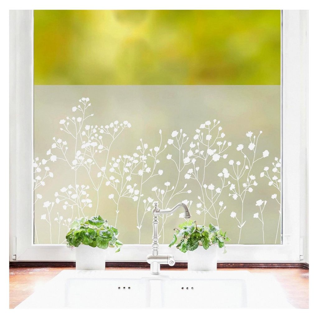 Sichtschutzfolie Gypsophila Schleierkraut Florale Fensterfolie Milchglasfolie Wiederverwendbar, 55 cm hoch, 100 cm breit
