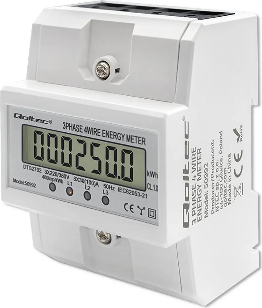 Compteur d'énergie triphasé Qoltec Rail DIN 400V 100A Écran LCD 4P