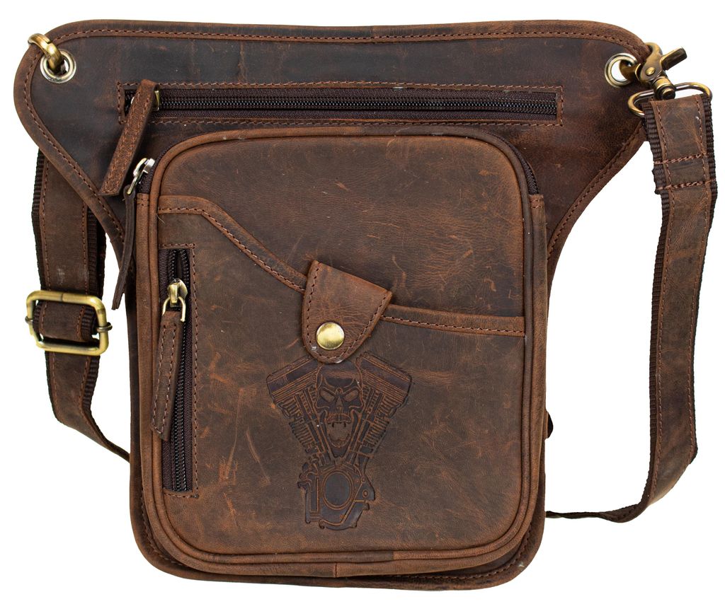 Biker Motorrad Beintasche Hüft-, Gürteltasche Totenkopf V-Twin-Prägung Beingurt(Braun)