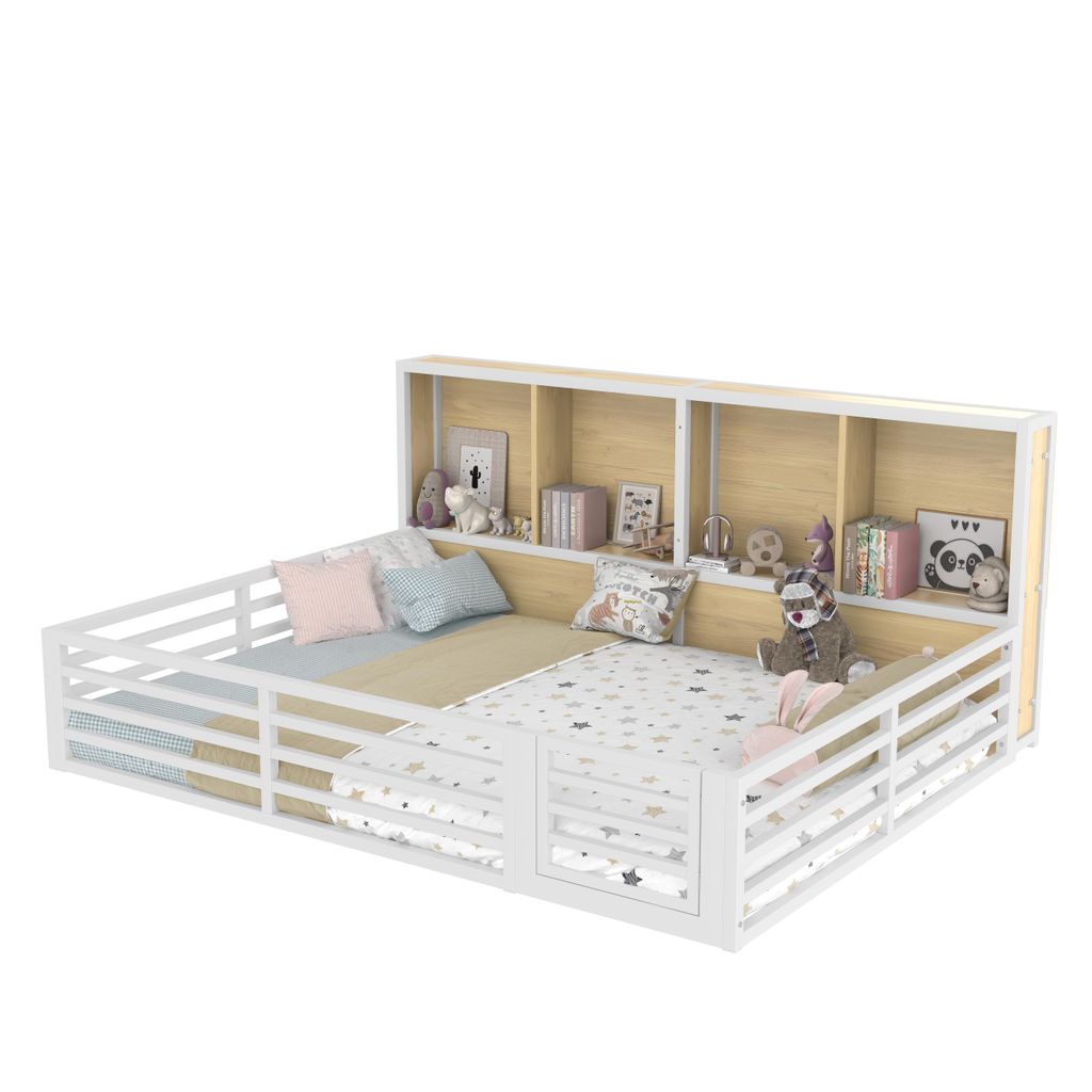 Merax Kinderbett 140x200 cm, mit Zäune, LED, Groß Ablagefächern, Bodenbett, Flachbett, Eisenbett, Jugendbett, Weiß