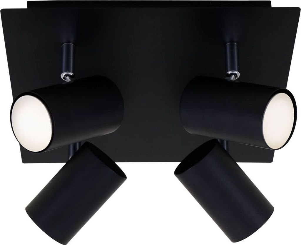 A black metal ceiling light fixture with four adjustable spotlights.