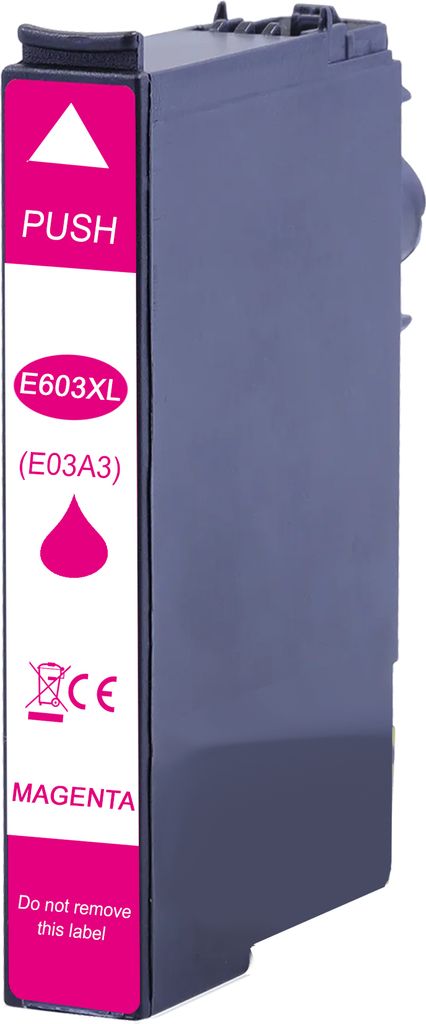 A magenta printer ink cartridge is shown against a white background.