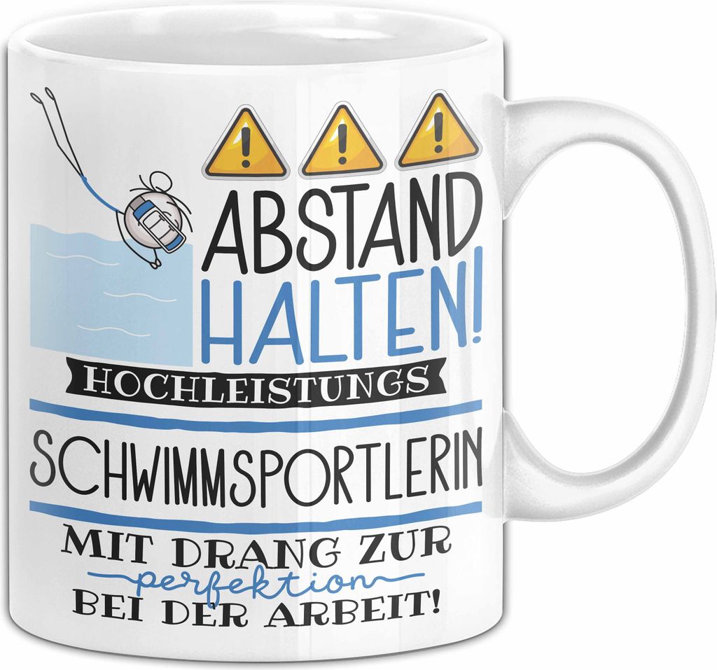 Schwimmsportlerin Tasse Geschenk Lustig Abstand Halten Hochleistungs-Schwimmsportlerin Mit Drang Zur Perfektion Bei Der Arbeit (Weiß)