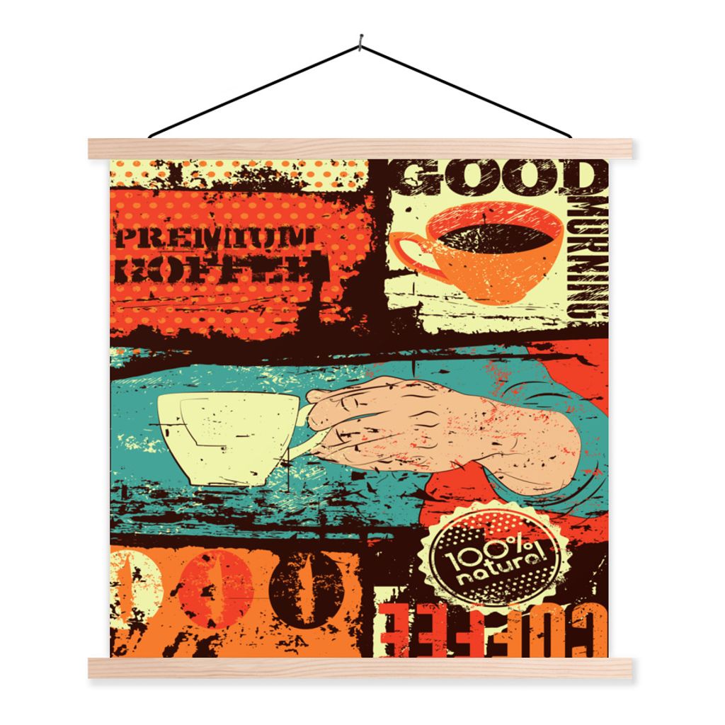 MuchoWow Textilposter Kaffee - Collage - Vintage 40x40 cm mit holzfarbenen Rahmen - Posterleiste
