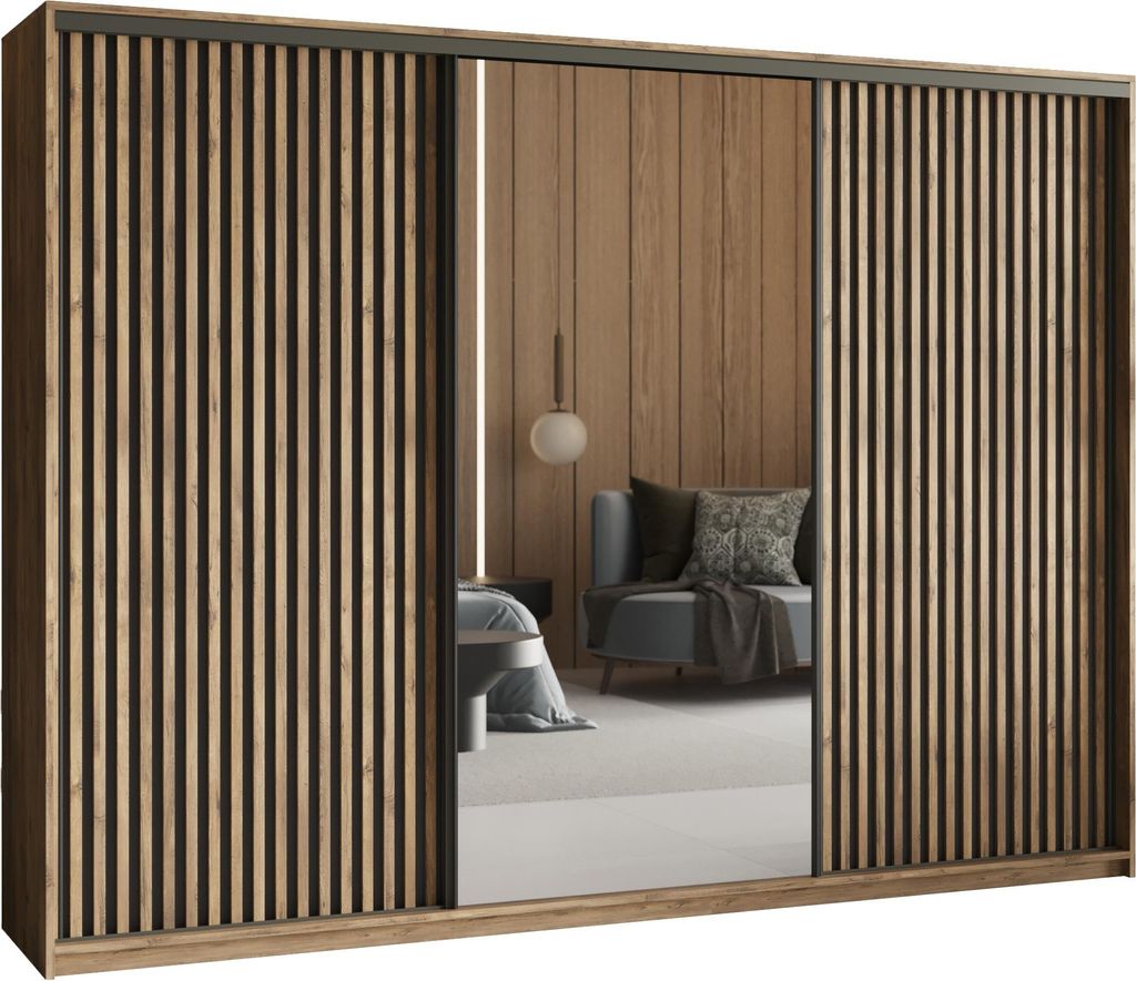 Masseno Schiebetürenschrank ORRA 250/205/60 cm Kleiderschrank mit Spiegel und Lamellen, 4 Schubladen Schlafzimmer Schrank 3-türig Eiche Lefkas + ...