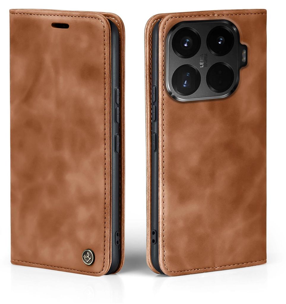 Two views of a brown leather flip phone case, one closed and one open showing the phone's camera.