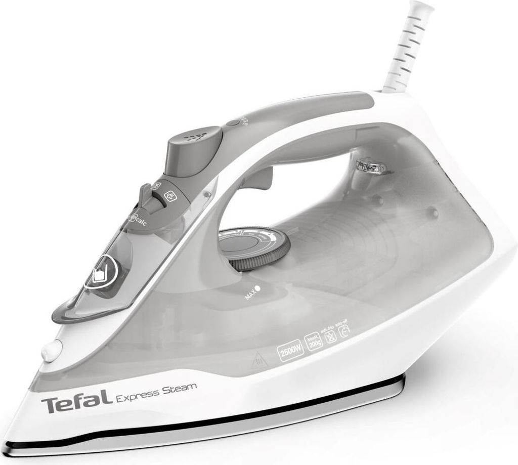 A studio shot of a Tefal Express Steam iron on a white background.