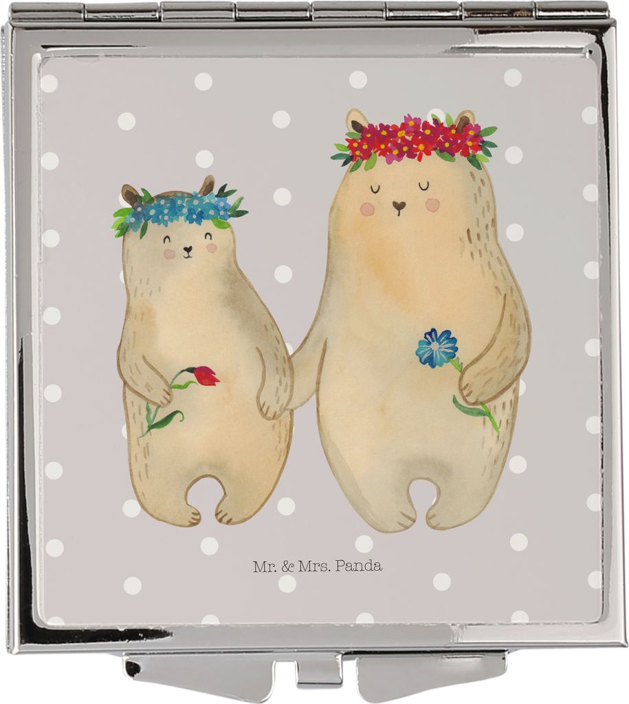 Mr. & Mrs. Panda Klappbarer Spiegel Bären mit Blumenkranz - Grau Pastell - Geschenk, Familie, Quadratischer, Taschenspiegel, Mutti, Kleiner, Bär,...