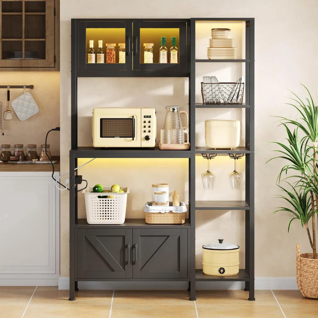 Buffet de cuisine ouvert 115cm Noir avec support micro-ondes et LED - 10