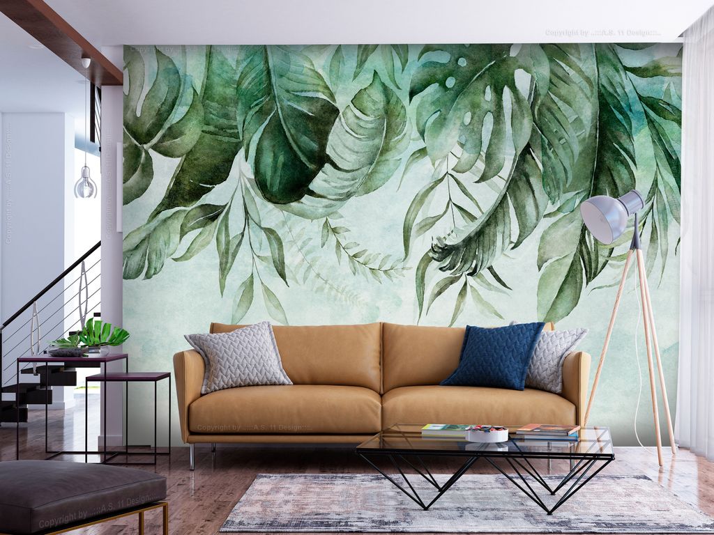 Vlies Fototapete Blätter 350x256 cm Tapeten Wandtapete XXL Natur Pflanzen Botanik grün wie gemalt b-C-0782-a-a