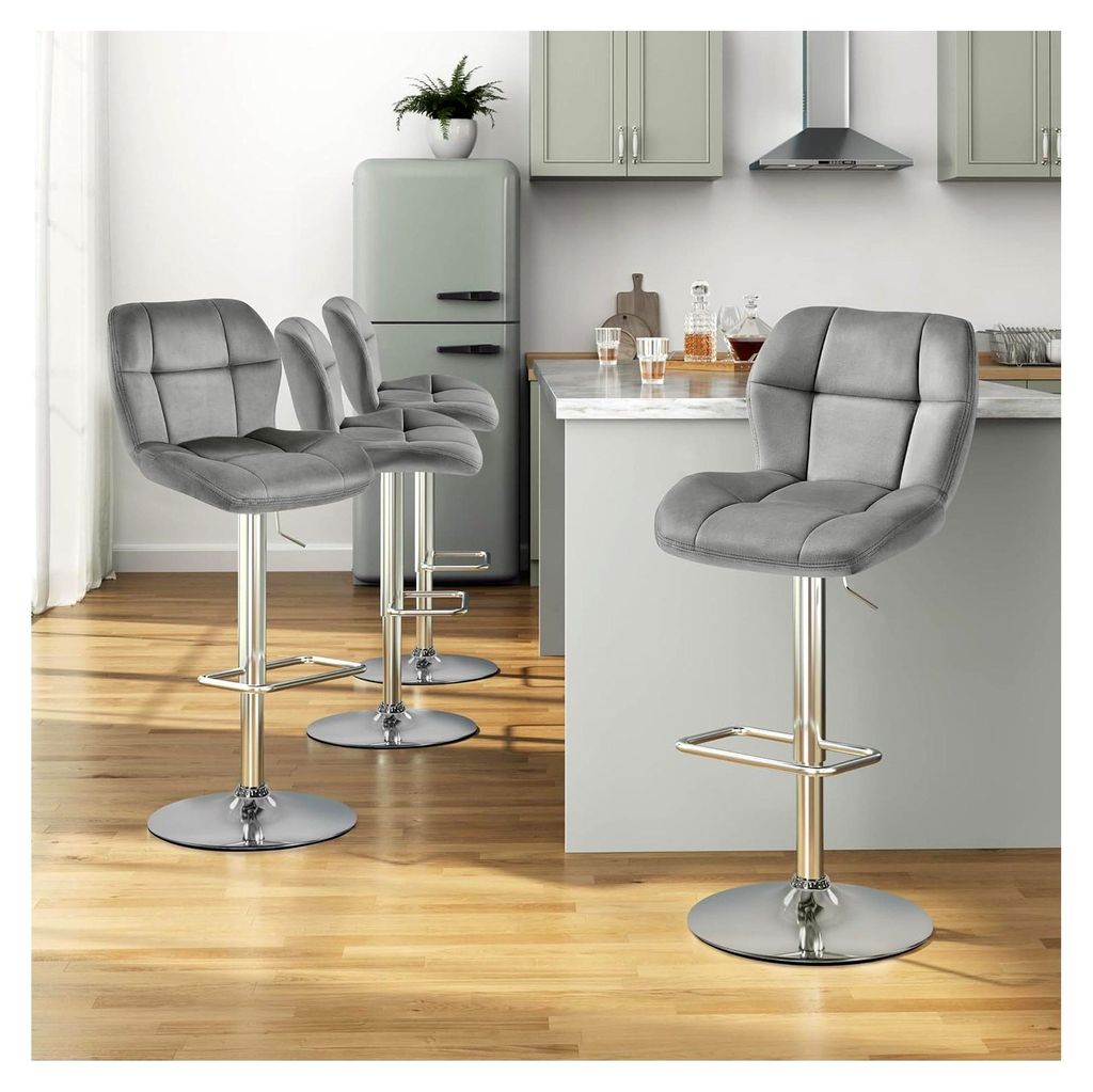 Höhenverstellbares Barhocker-Set mit 360° Drehfunktion, Küchenstühle mit Rückenlehne und Fußstütze, Samt, Sitzhöhe 62,5 cm - 84,5 cm, Hellgrau