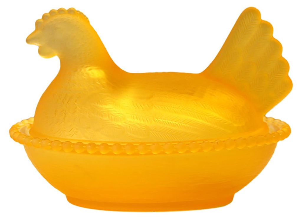 Bonboniere aus Glas in Hühnerform, mit Deckel, süße Snackschale, Dessertteller, Eierkarton für die Tischdekoration im Landhausstil