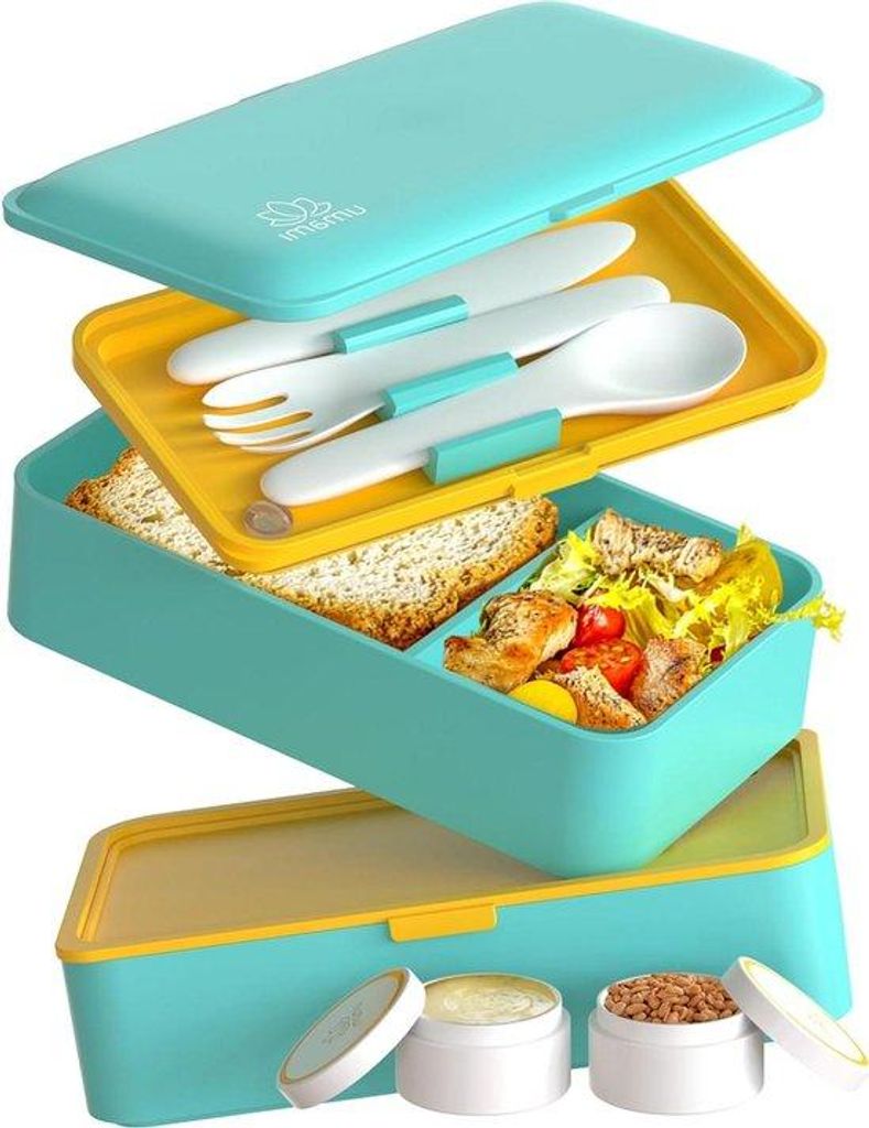 Leakfester Lunchbox mit Kompartimenten für Erwachsene mit Besteck & 2 Soßentöpfen