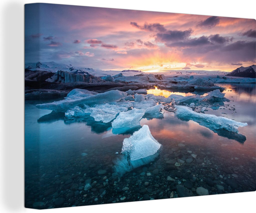 OneMillionCanvasses - Leinwandbilder - 150x100 cm, Der Sonnenuntergang am See Jökulsárlón, Wandbilder Kunstdruck Wanddekoration