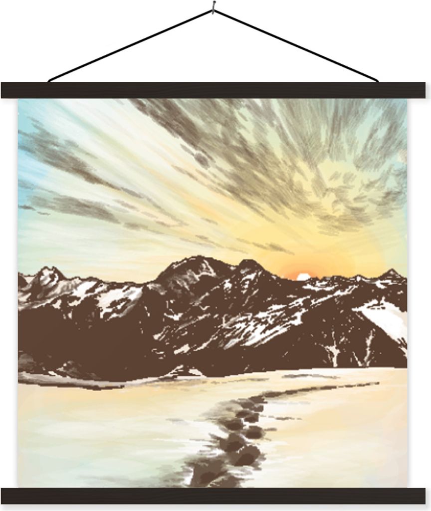 MuchoWow Textilposter Meer - Berge - Sonne 90x90 cm mit schwarzem Rahmen - Magnetisches