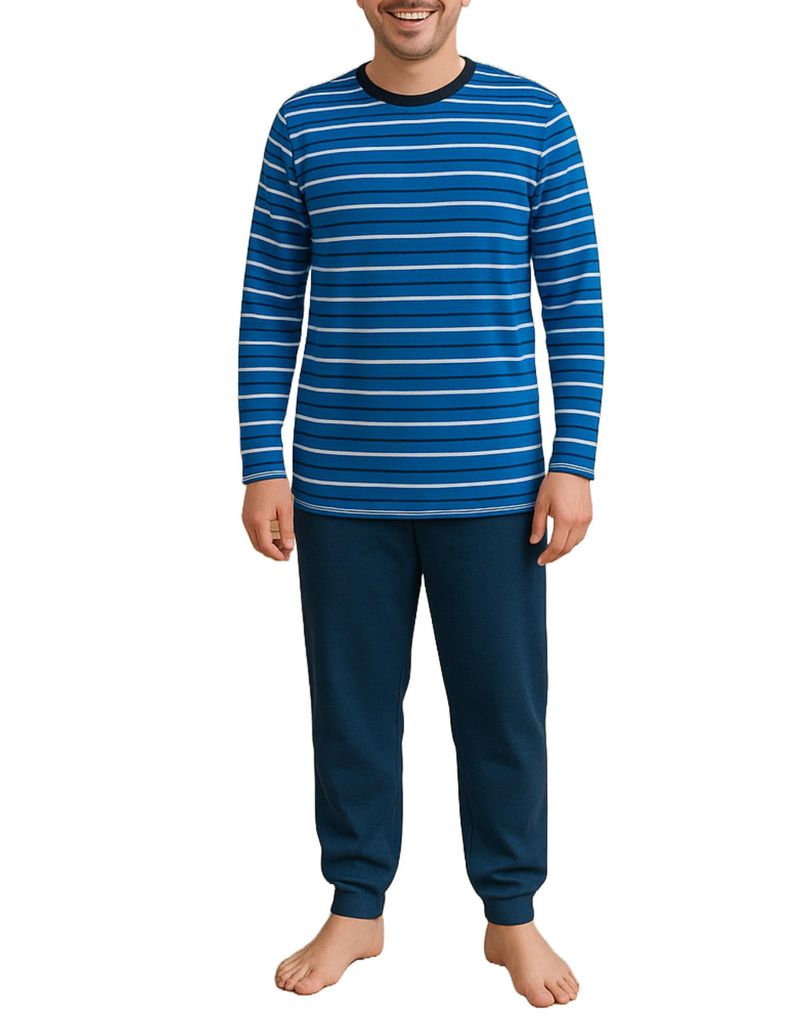 KB Herren Schlafanzug Pyjama Nachtwäsche 100% Baumwolle blau langarm lange Hose Größe M