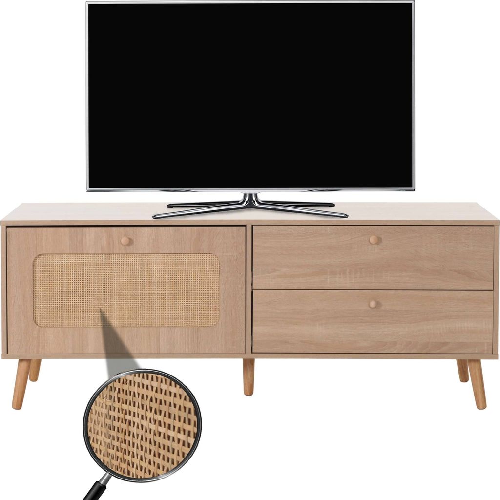 TV-Rack MCW-M38, Lowboard Fernsehtisch TV-Schrank Kommode, Schublade Türe, Kubu Rattan Holz 56x140x41cm Eiche-Optik
