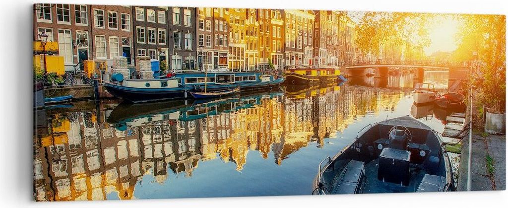 Bild auf Leinwand - Leinwandbild - Kanal Boot Amsterdam Wasser - 140x50cm - Wand Bild - Wanddeko - Leinwanddruck - Bilder - Kunstdruck - Wanddekora...