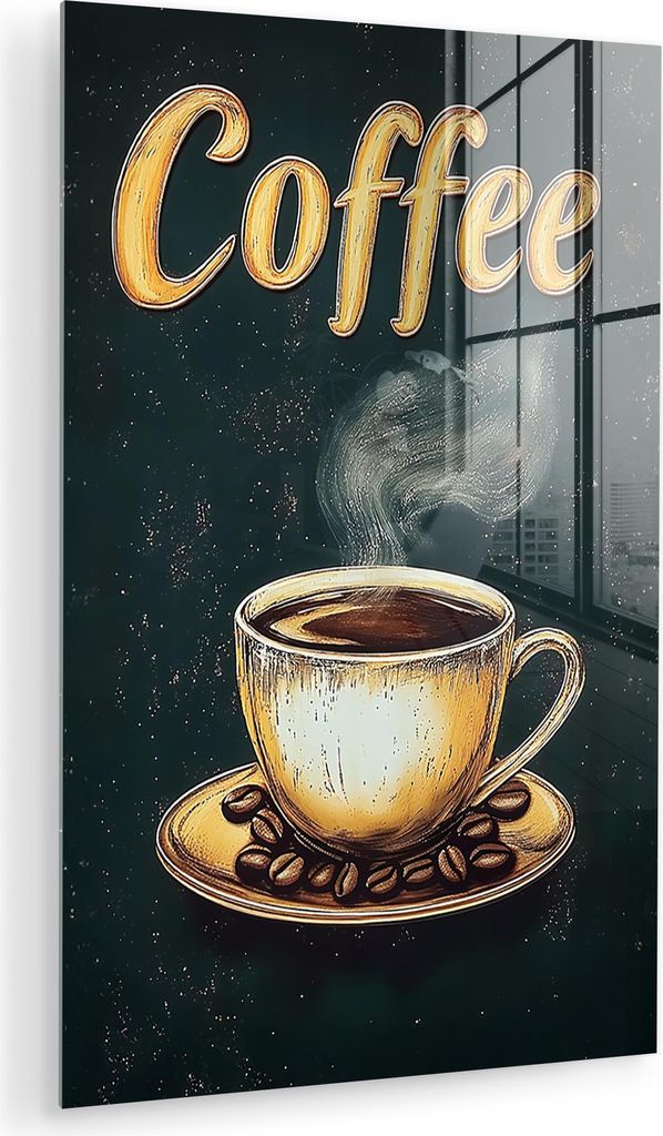 MuchoWow Glasbilder - Bilder auf Wandbild - Foto auf Glas Kaffee - Schale - Kaffeebohnen - Retro 40x60 cm Wanddekoration aus Glas - Acrylglasbild -...